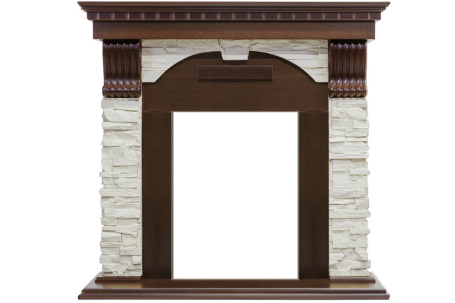 Каминокомплект Dublin угловой - Темный дуб / Сланец белый с очагом Majestic FX Brass