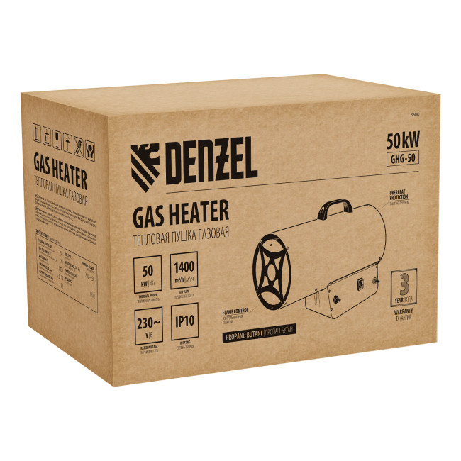 Газовая тепловая пушка GHG-50, 50 кВт, 1400 м3/ч, пропан-бутан Denzel Газовая тепловая пушка GHG-50, 50 кВт, 1400 м3/ч, пропан-бутан Denzel