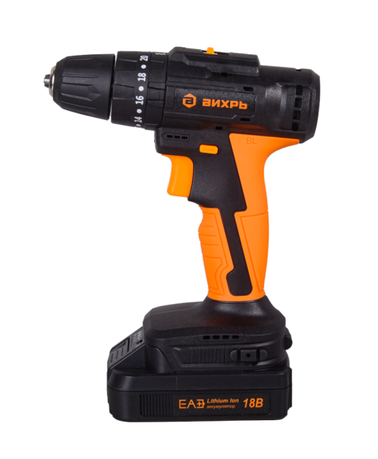 Дрель-шуруповерт аккумуляторная Вихрь ДА-18Л-2КУ/Б (бесщеточный двигатель) Дрель-шуруповерт аккумуляторная Вихрь ДА-18Л-2КУ/Б (бесщеточный двигатель)