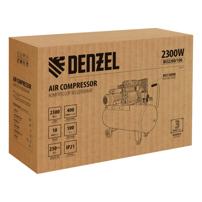 Компрессор воздушный BCI2300/100, ременный привод, 2.3 кВт, 100 литров, 400 л/мин Denzel Компрессор воздушный BCI2300/100, ременный привод, 2.3 кВт, 100 литров, 400 л/мин Denzel