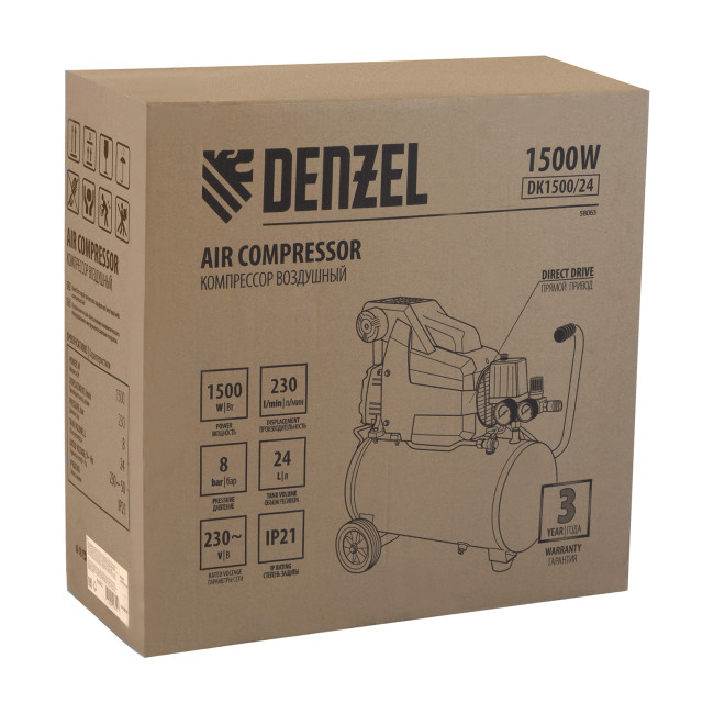Компрессор воздушный DK1500/24, Х-PRO 1.5 кВт, 230 л/мин, 24 л Denzel