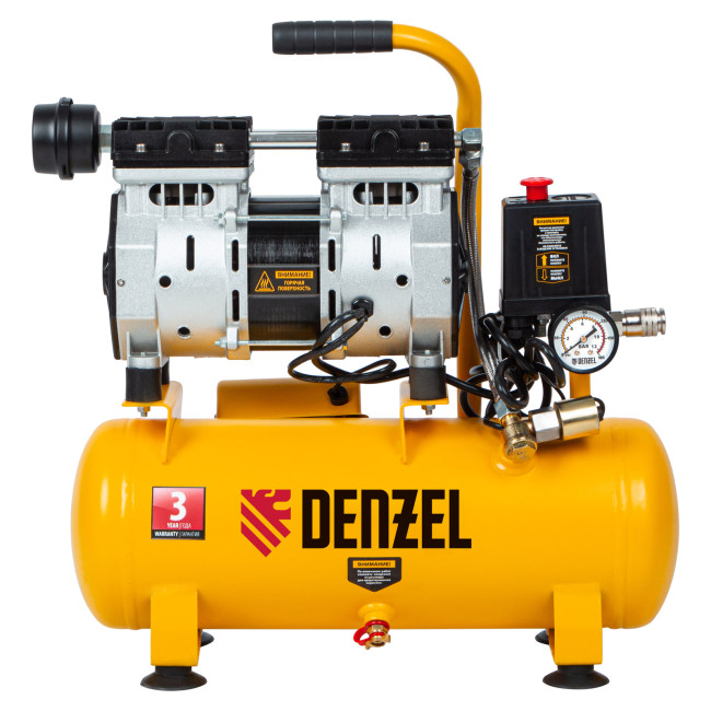 Компрессор DLS650/10 безмаслянный малошумный 650 Вт, 120 л/мин, ресивер 10 л Denzel Компрессор DLS650/10 безмаслянный малошумный 650 Вт, 120 л/мин, ресивер 10 л Denzel