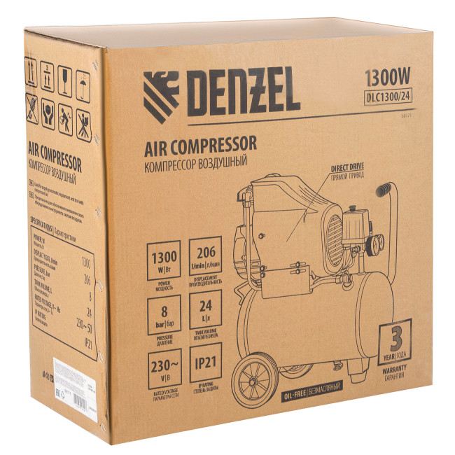 Компрессор воздушный DLC1300/24 безмасляный 1.3 кВт, 24 литра, 206 л/мин Denzel Компрессор воздушный DLC1300/24 безмасляный 1.3 кВт, 24 литра, 206 л/мин Denzel