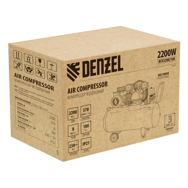 Компрессор воздушный BCV2200/100, ременный привод, 2.2 кВт, 100 литров, 370 л/мин Denzel Компрессор воздушный BCV2200/100, ременный привод, 2.2 кВт, 100 литров, 370 л/мин Denzel
