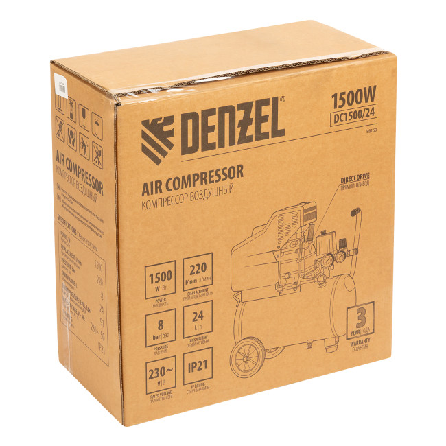 Компрессор воздушный DC1500/24, прямой привод, 1.5 кВт, 24 литра, 220 л/мин Denzel Компрессор воздушный DC1500/24, прямой привод, 1.5 кВт, 24 литра, 220 л/мин Denzel