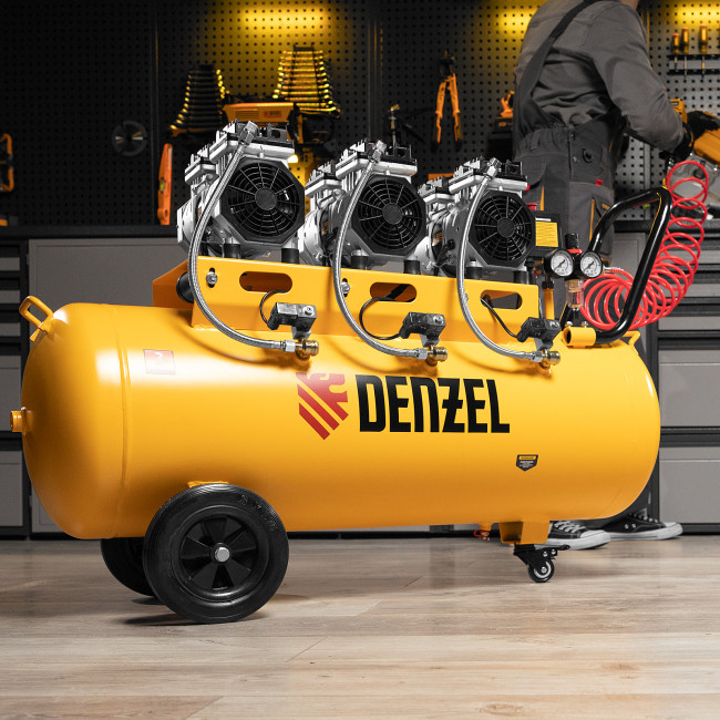 Компрессор безмасляный, малошумный DLS 1800/100,1800 Вт, 3x600, 100 л, 345 л/мин Denzel Компрессор безмасляный, малошумный DLS 1800/100,1800 Вт, 3x600, 100 л, 345 л/мин Denzel