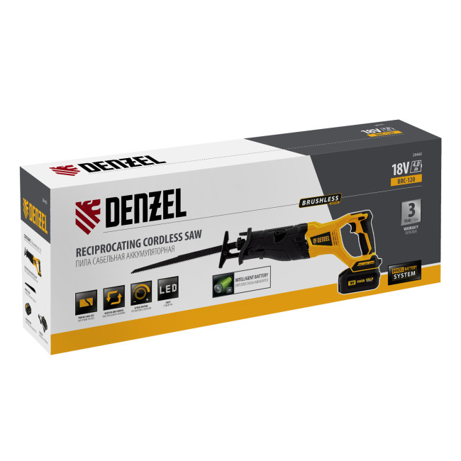Пила сабельная аккумуляторная бесщет BRC-120, 18В Li-Ion Denzel Пила сабельная аккумуляторная бесщет BRC-120, 18В Li-Ion Denzel