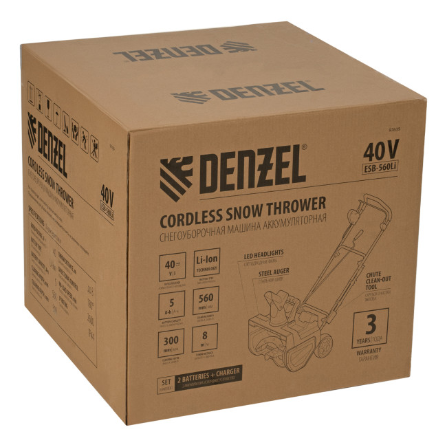 Снегоуборочная машина аккумуляторная, ESB-560Li, 560 мм, 40В, 2 АКБ 5 Ач, ЗУ, метал. шнек Denzel Снегоуборочная машина аккумуляторная, ESB-560Li, 560 мм, 40В, 2 АКБ 5 Ач, ЗУ, метал. шнек Denzel