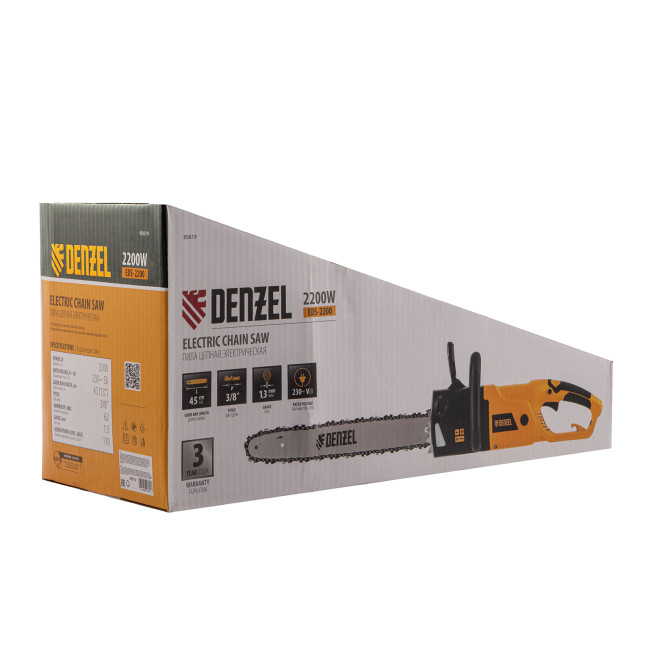 Пила цепная электрическая EDS-2200, 2.2 кВт,продольная, шина 45 см, шаг 3/8, паз 1.3 мм, 62 звена Denzel