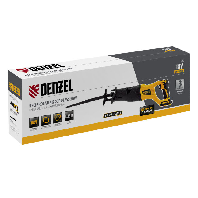 Пила сабельная аккумуляторная бесщет BRC-120-0, 18В Li-Ion Denzel Пила сабельная аккумуляторная бесщет BRC-120-0, 18В Li-Ion Denzel