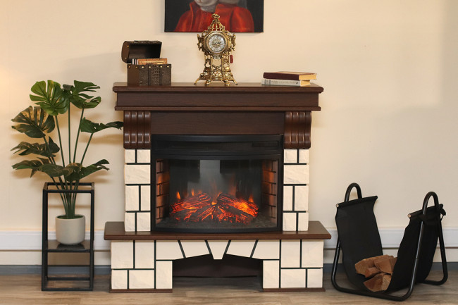 Каминокомплект Porto (Разборный) - Орех/Белый камень с очагом Jupiter FX New