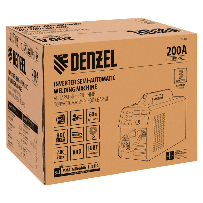 Аппарат инвертор. полуавтомат. cварки IMIG-200, 200 А, ПВ 60%, катушка 5 кг Denzel