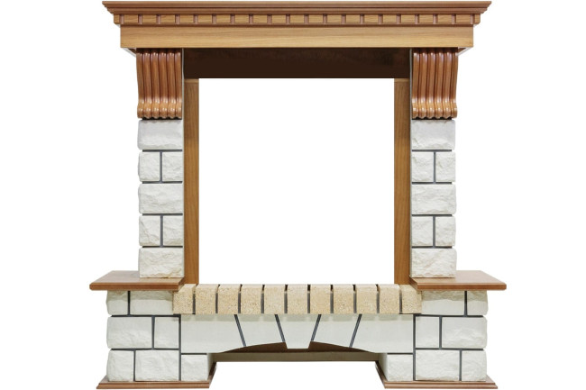 Каминокомплект Pierre Luxe - Дуб / Белый с очагом Fobos FX M Brass