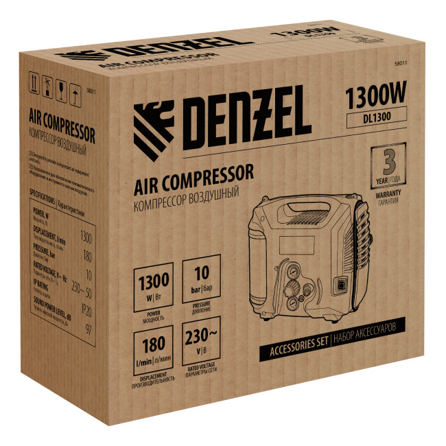Компрессор воздушный DL1300, 10 бар, 1,3 кВт 180 л/мин 5 л, с набором аксессуаров Denzel