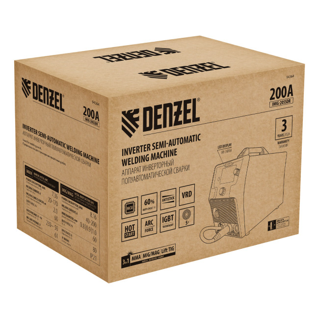 Аппарат инвертор. полуавтомат. cварки IMIG-205SDR, 200 А, ПВ 60%, катушка 5 кг Denzel Аппарат инвертор. полуавтомат. cварки IMIG-205SDR, 200 А, ПВ 60%, катушка 5 кг Denzel