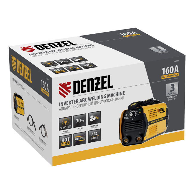 Аппарат инверторный дуговой сварки DS-160 Compact, 160 А, ПВ 70%, диаметр электрода 1.6-3.2 мм Denzel Аппарат инверторный дуговой сварки DS-160 Compact, 160 А, ПВ 70%, диаметр электрода 1.6-3.2 мм Denzel