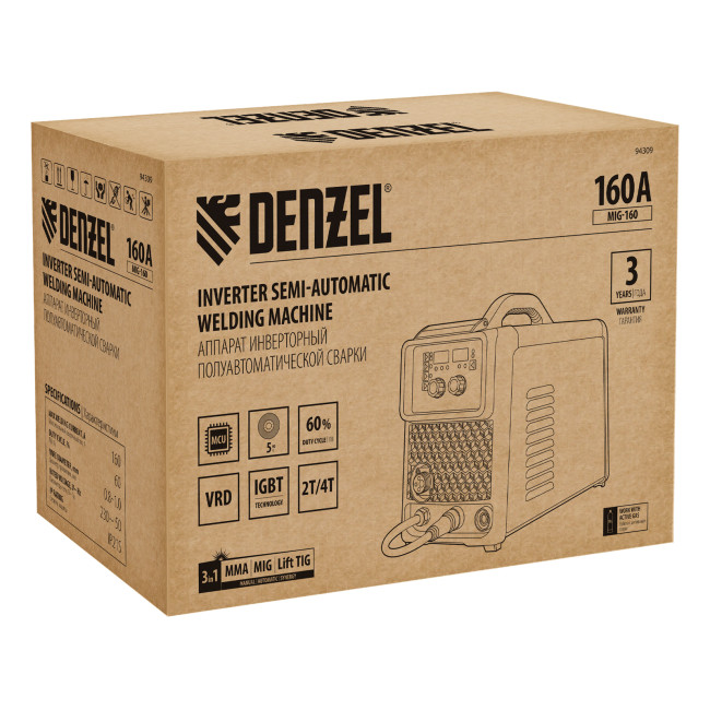 Аппарат инвертор. полуавтомат. сварки MIG-160, 160 А, ПВ 60%, катушка 5 кг// Denzel Аппарат инвертор. полуавтомат. сварки MIG-160, 160 А, ПВ 60%, катушка 5 кг// Denzel
