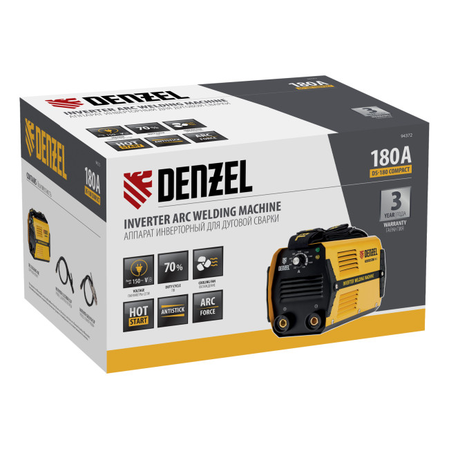 Аппарат инверторный дуговой сварки DS-180 Compact, 180 А, ПВ 70%, диаметр электрода 1.6-4 мм Denzel Аппарат инверторный дуговой сварки DS-180 Compact, 180 А, ПВ 70%, диаметр электрода 1.6-4 мм Denzel