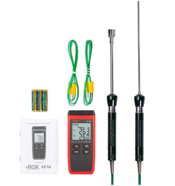 Термометр RGK CT-12 с погружным зондом температуры TR-10W и поверхностным зондом TR-10S