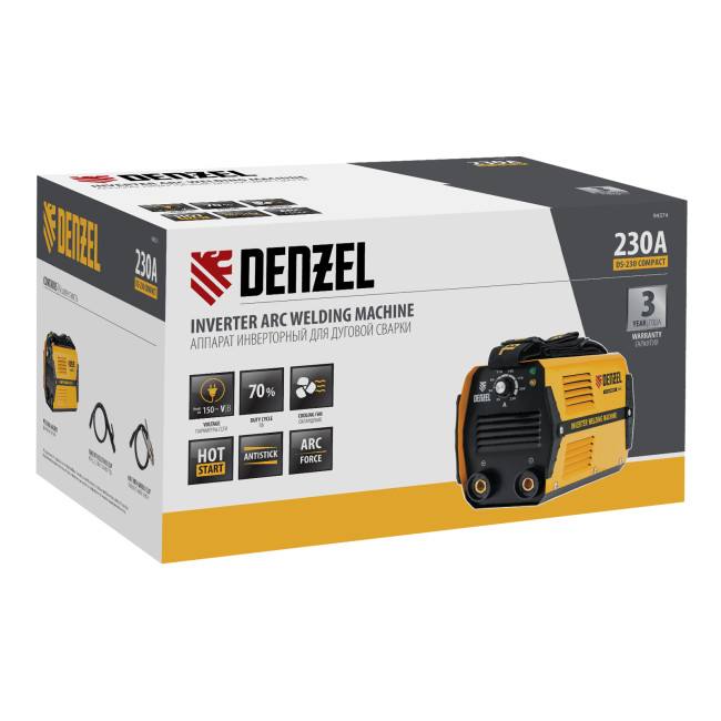 Аппарат инверторный дуговой сварки DS-230 Compact, 230 А, ПВ 70%, диаметр электрода 1.6-5 мм Denzel Аппарат инверторный дуговой сварки DS-230 Compact, 230 А, ПВ 70%, диаметр электрода 1.6-5 мм Denzel