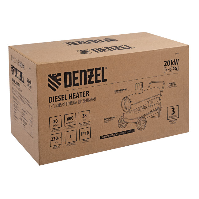 Дизельная тепловая пушка NHG-20i, 20 кВт, 600 м3/ч, непрямой нагрев, цифровой термостат Denzel Дизельная тепловая пушка NHG-20i, 20 кВт, 600 м3/ч, непрямой нагрев, цифровой термостат Denzel