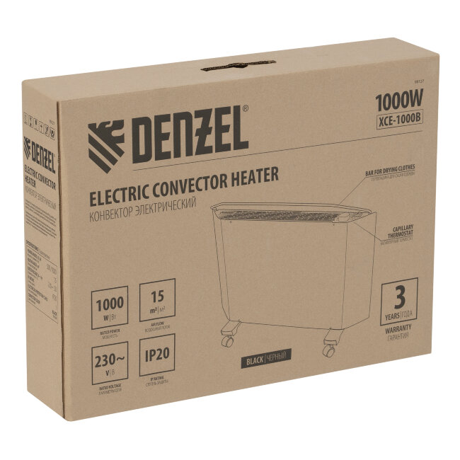 Конвектор электрический XCE-1000 B, 230 В, 1000 Вт, X-образный нагреватель Denzel