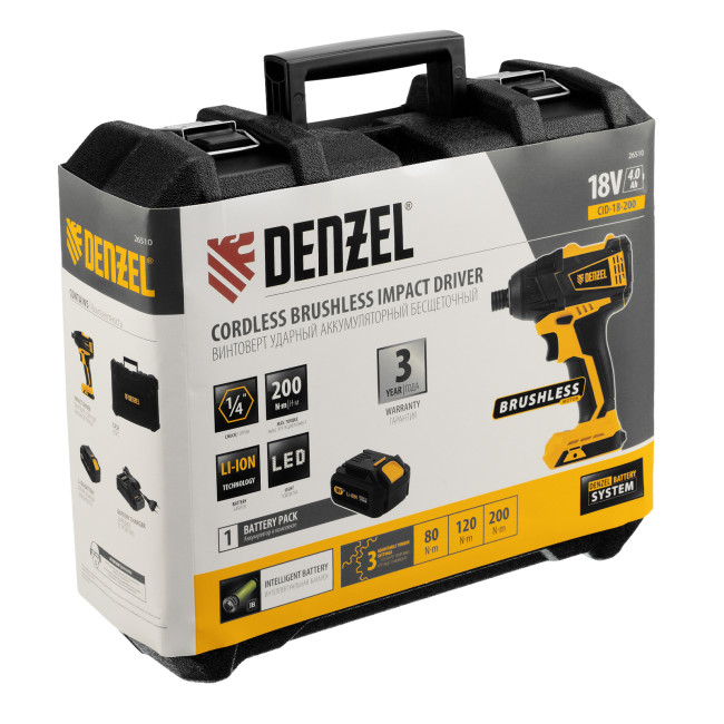 Винтоверт ударный аккумуляторный бесщет CID-IB-200 18В Li-Ion Denzel Винтоверт ударный аккумуляторный бесщет CID-IB-200 18В Li-Ion Denzel
